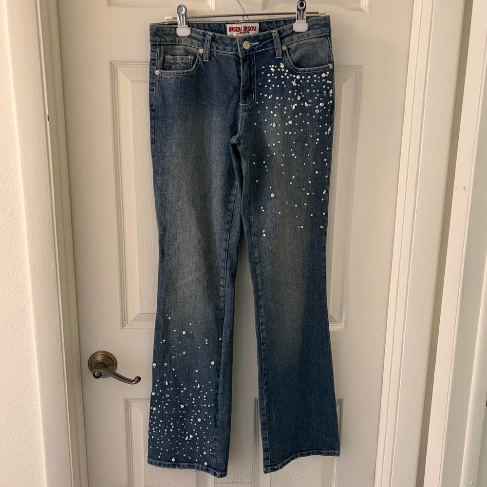 Y2K Bisou Bisou Jeans Sz 2 Bootcut Rhinestone Pearl Embellished Hong Kong
